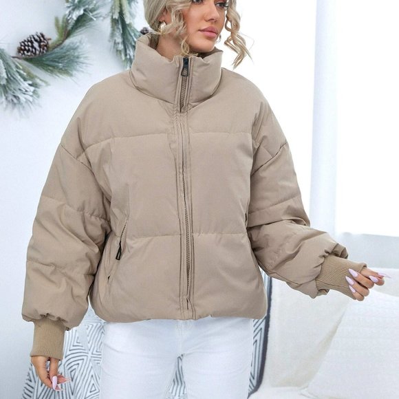 SHEIN Khaki Drop Shoulder Zip Up Puffer Jacket - Picture 9 of 9